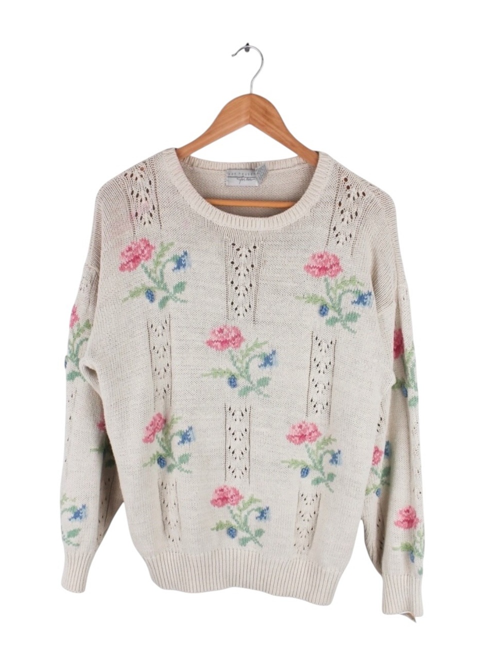 Vintage Van Heusen Sweater Floral Knit Cottagecore Ivory Ramie Cotton Womens L